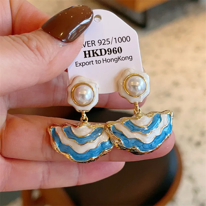 

Vintage fresh wave sand scallop pearl earrings designer fashion girls cream color romance summer sweet skirt eardrop