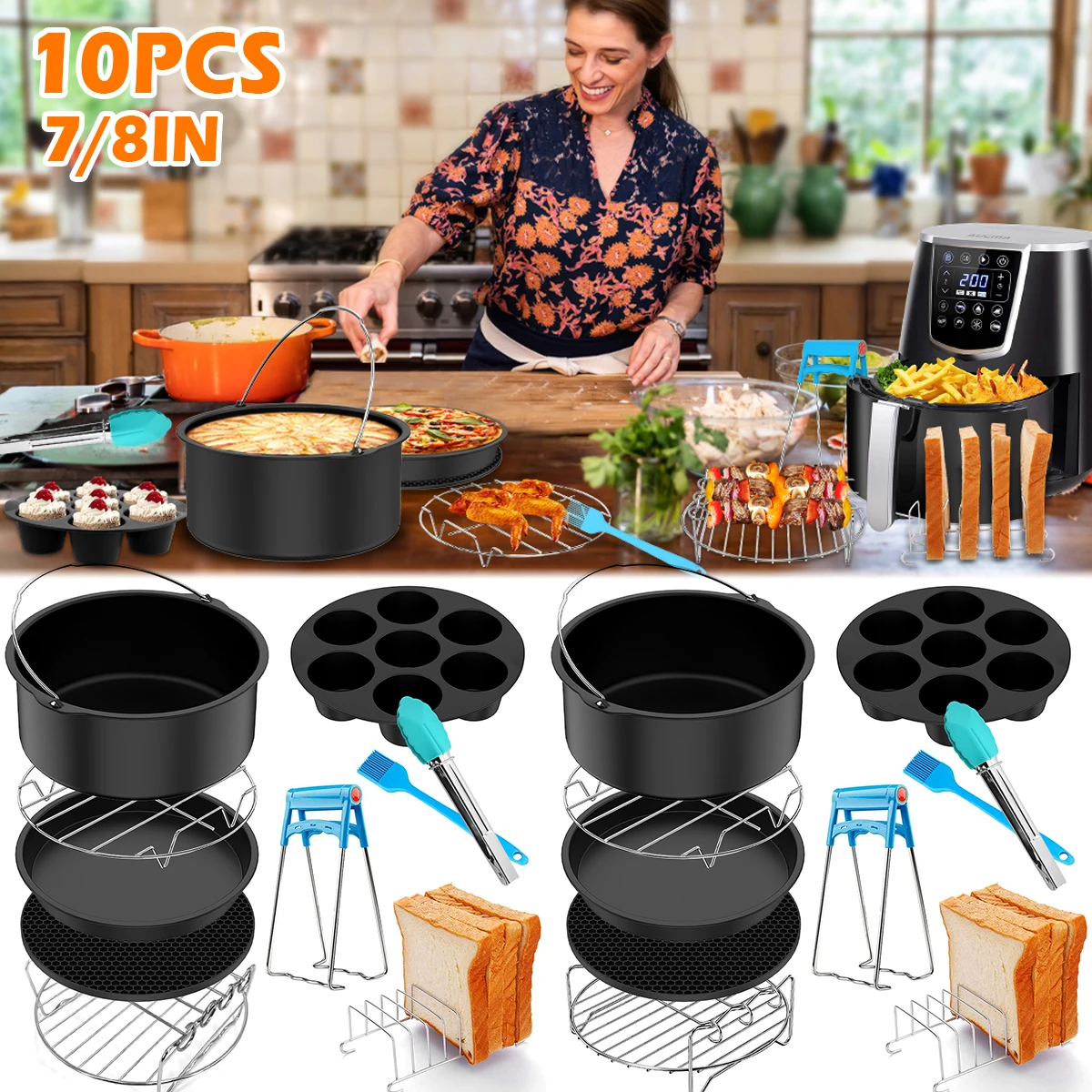 

10 Pcs Air Fryer Accessories Set Food-grade Air Fryer Accessories with Cake Basket Pizza Pan Stainless Steel Skewer Rack Oil