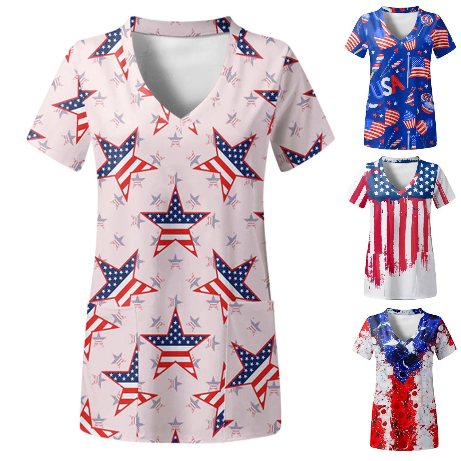 

Скрабы женские с американским флагом на День Независимости, аксессуары с карманами для медсестер 4 июля, с V-образным вырезом и коротким рукавом, аксессуары для дантистов
