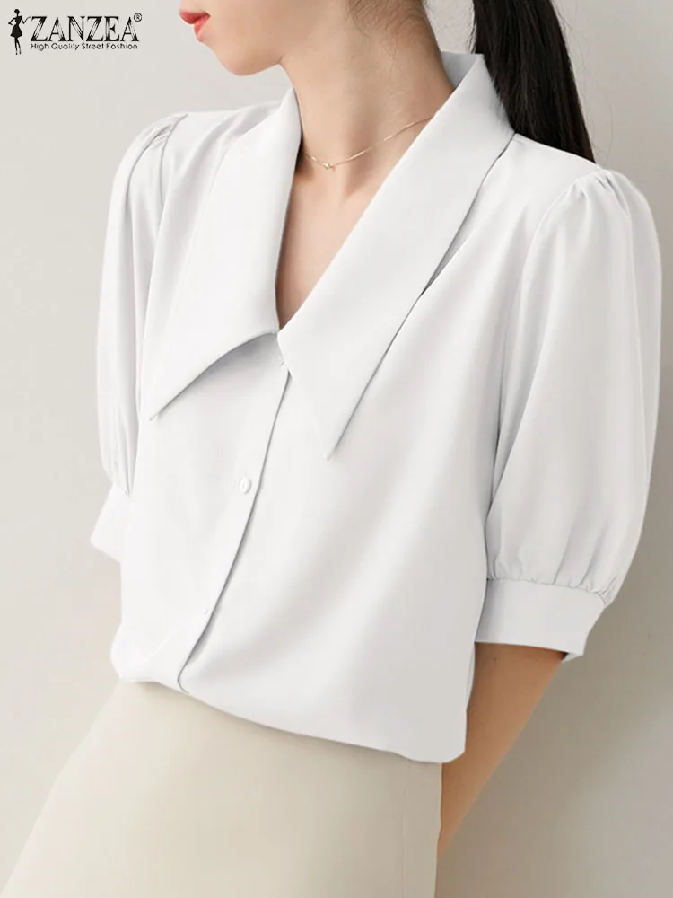 

Элегантная женская блузка ZANZEA на пуговицах, повседневные свободные топы с полурукавами-фонариками, модная рубашка 2022, однотонная Корейская...