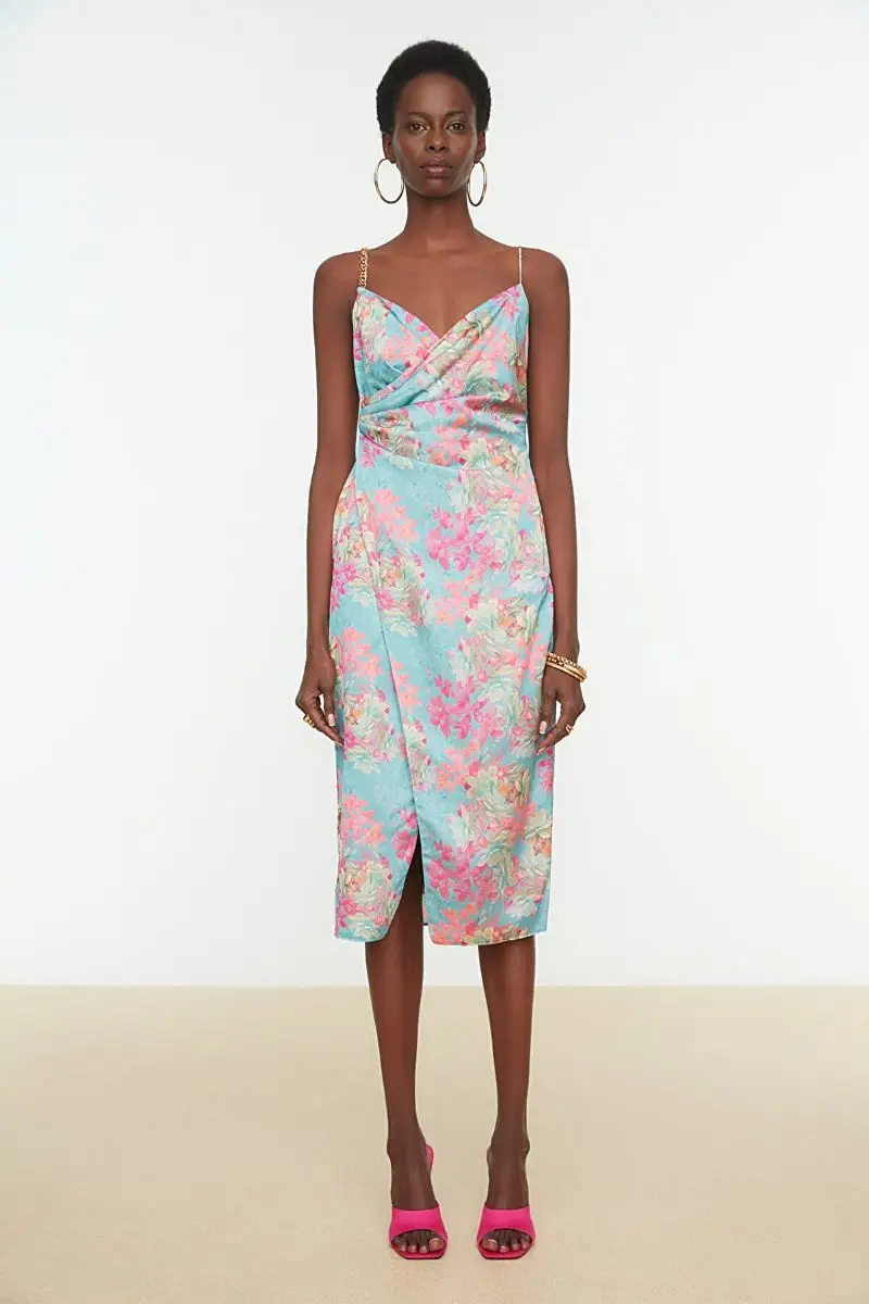 

Multi color floral printed satin dress TPRSS21EL3753