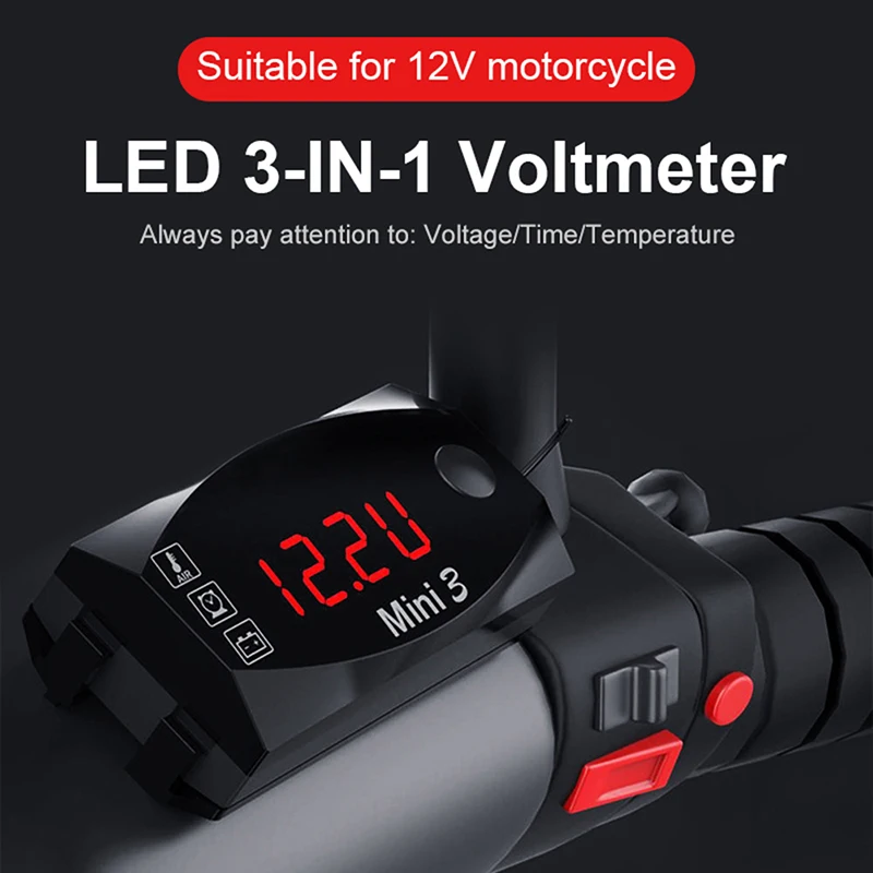 

3 In 1 Universal Motorcycle Electronic Clock Thermometer Voltmeter 12V IP67 Waterproof Dust-proof LED Watch Digital Display