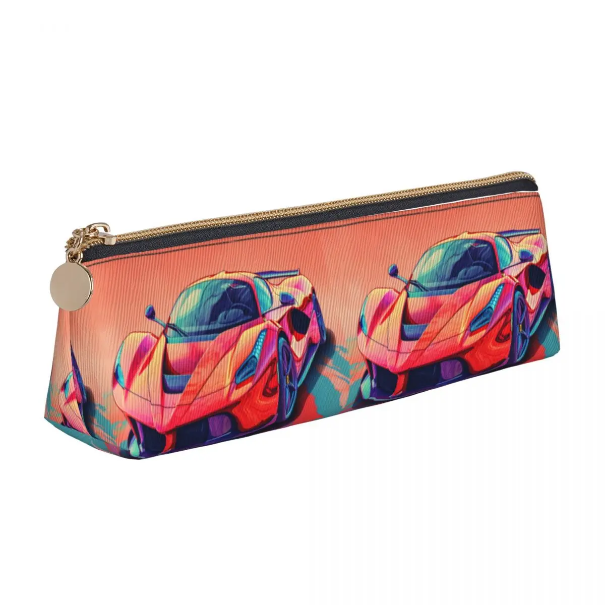

Passionate Sports Car Leather Pencil Case Neo Fauvism Cover Art University Boys Zipper Pencil Box Cute Big Triangle Pen Bags