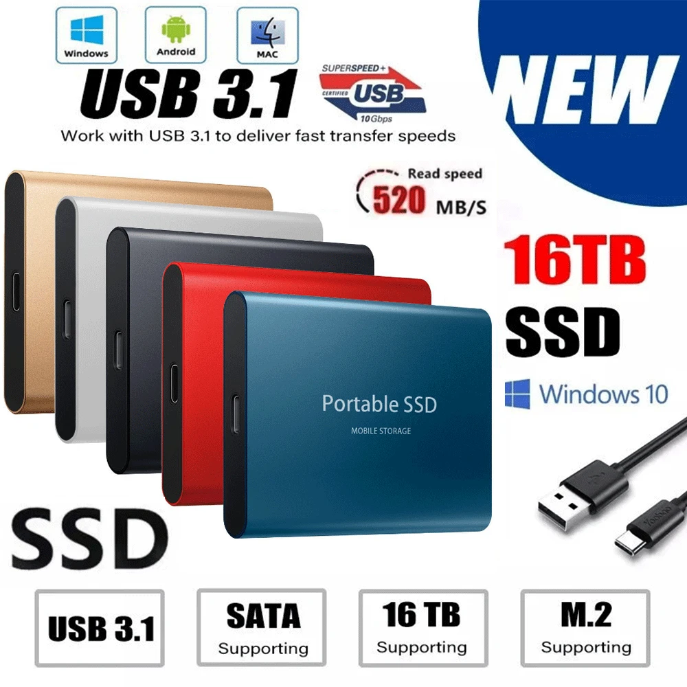 Portable High Speed External Hard Drive 500GB 1TB 2TB M.2 SSD Type-C USB3.1 Hard Drives 16TB Storage Decive for Laptop/PS4/Phone