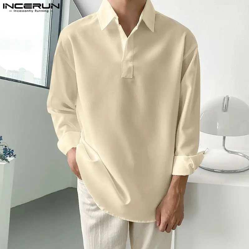 

Handsome Well Fitting Tops INCERUN New Men's Solid Simple Drape Lapel Blouse Casual Fashion Loose Long-sleeved Shirts S-5XL 2023