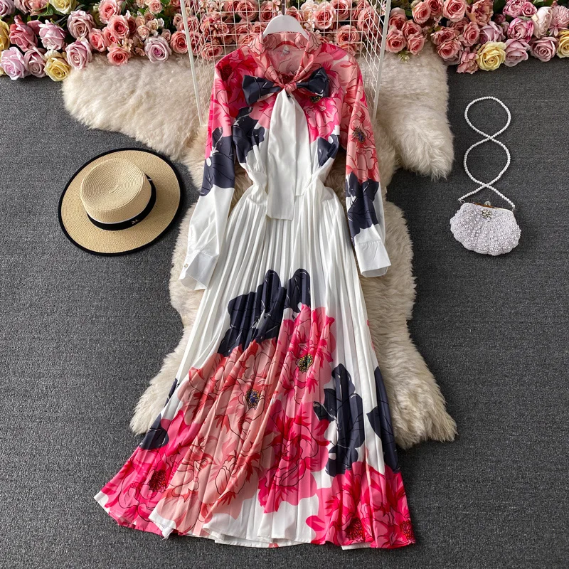 

Fitaylor Spring Autumn Female Flower Casual Sweet Loose Bow Print Pleated Dresses New Women Long sleeve Fashion Chic Dress