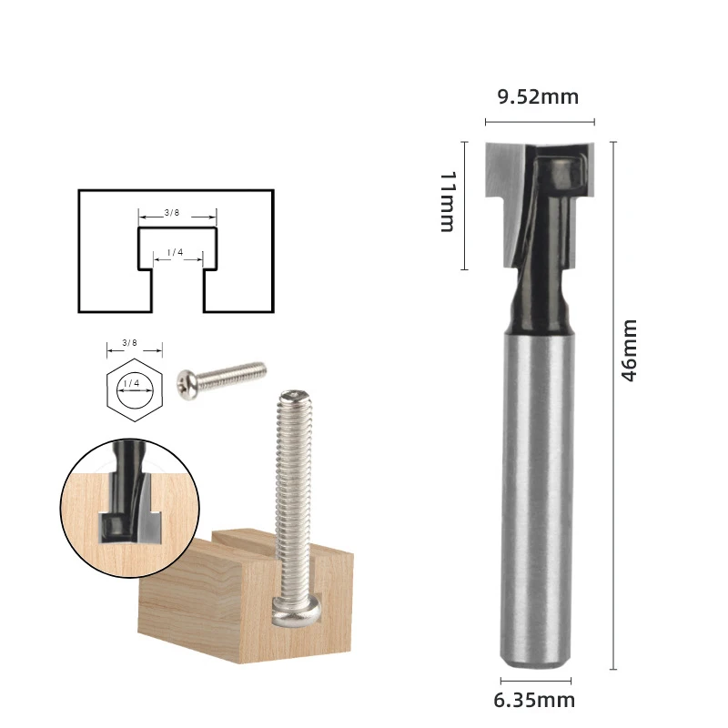 

3pcs 1/4" 6mm 6.35mm 8mm Shank T-Slot Cutter Router Bit Set Hex Bolt Key Hole Bits T Slotting Milling Cutter Wood Woodworking