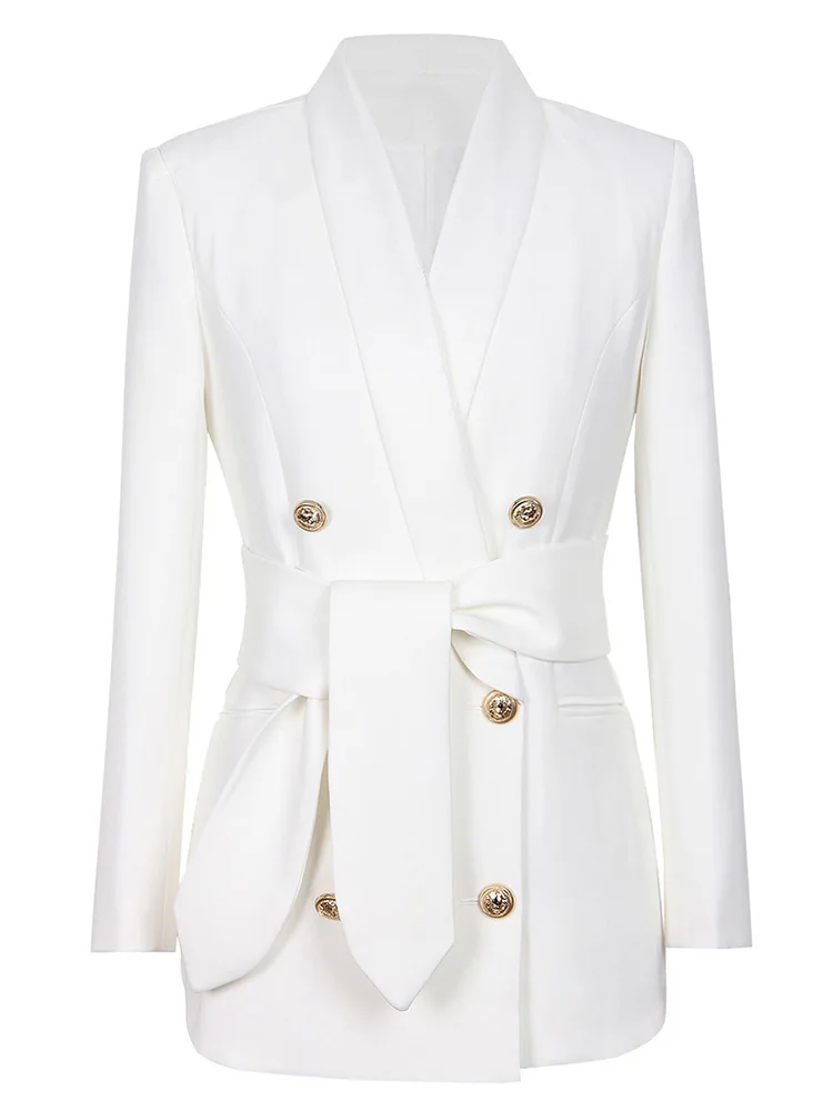 ZJYT Elegant Pink Blazers for Women Jacket Coat Autumn Winter Shawl Collar Office Party Black Outerwear Double Breasted Buttons