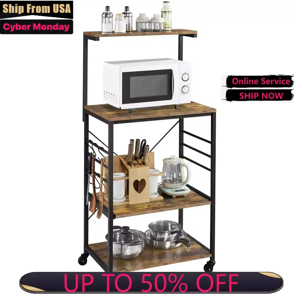 

Wooden Baker's Rack Storage Cart with Side Hooks for Kitchen, Gray