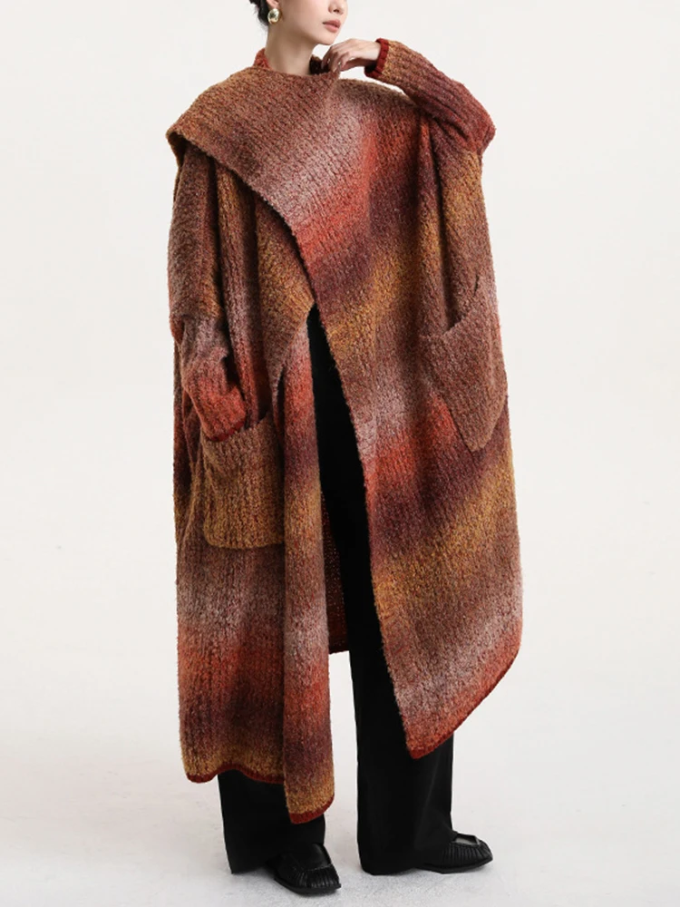 [EAM] Зеленый длинный вязаный кардиган большого размера свитер шарф воротник рукав