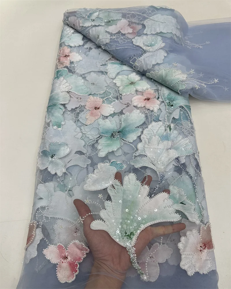 Новейшая роскошная 3D цветочная вышивка с блестками африканская кружевная ткань 5