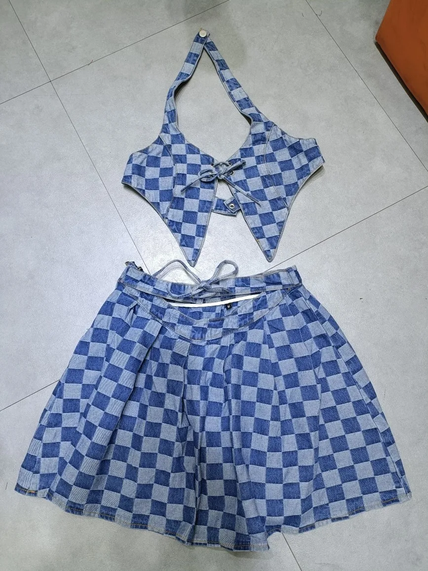 

Women Plaid Bustier Camis Crop Top + Pleated Skirts Outfits Lolita Girls Blue Denim Two Piece Set Sexy Femenino 2 Piece Set XXL