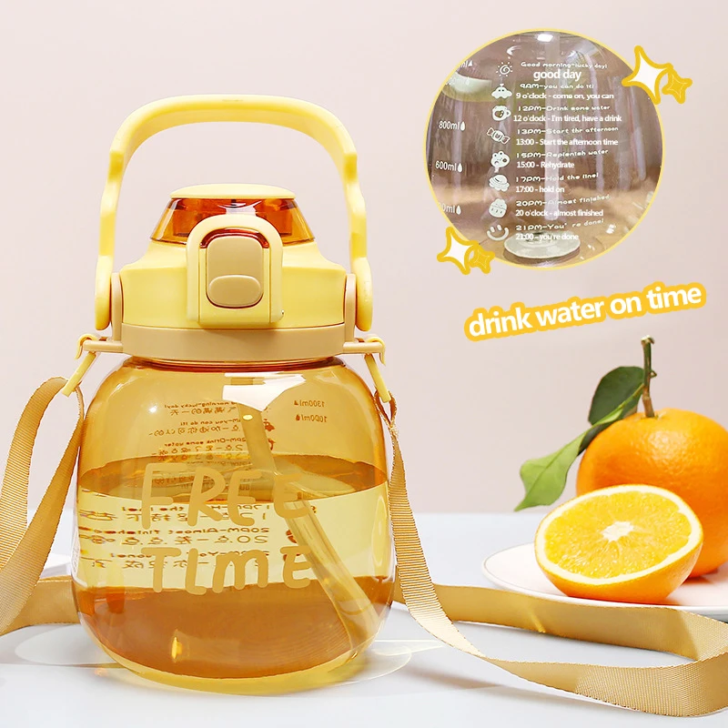 

Cute Girls Water Bottle with Stickers Straw Big Belly Cup 1200ml Sports Bottle for Water Jug Children Female Kettle with Strap