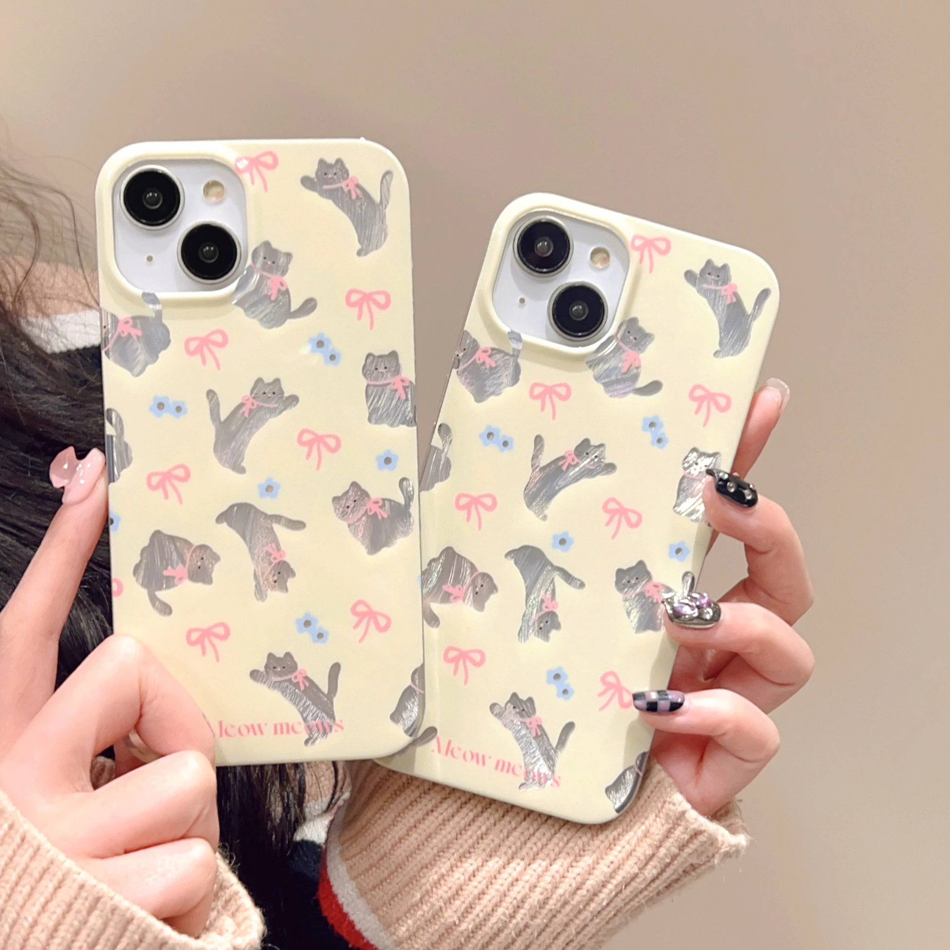 Чехол для iPhone 15 14 13 Pro Max 12 Plus с милым мультяшным котом розовым бантом лазерным