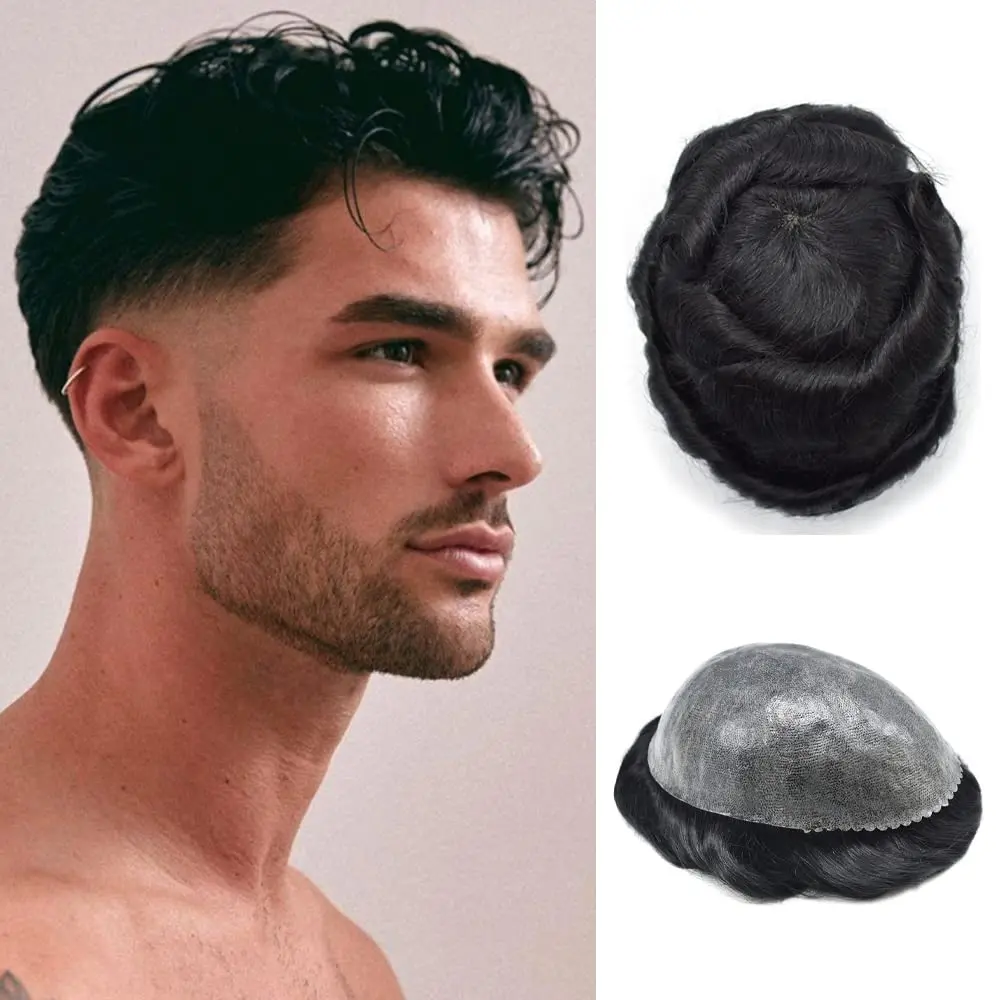 Hair Toupee For Men 0.1MM PU Thin Skin Male Hair Systems Injection Mens Toupee Real Human Hair Pieces Gray Hair Units.
