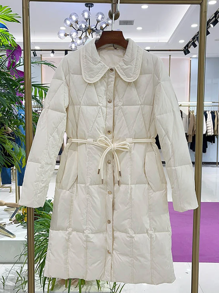 FTLZZ Winter Female Turn-down Collar Drawstring Long Coat Women White Duck Down Coat Office Lady Solid Down Coat