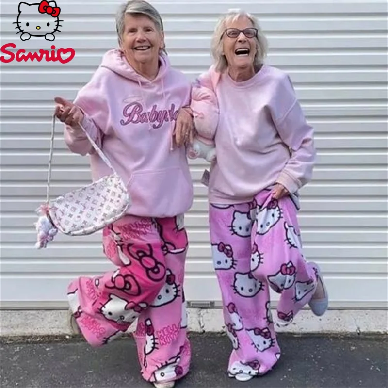 

New Sanrios HelloKitty Pajamas Black Pink Anime Flannel Women Warm Woolen Whitecartoon Casual Home Pants Autumn Fashion Trousers