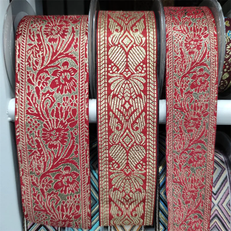 

Red Flowers Gold Ribbon Fabric Jacquard Webbing