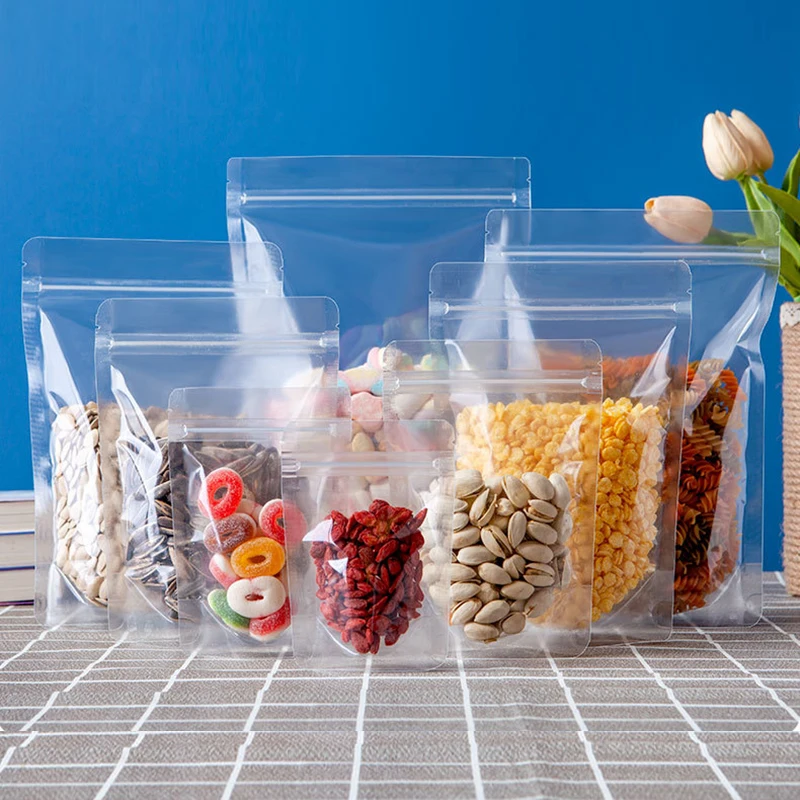 

50Pcs Resealable Stand Up High Clear Heat Sealing Plastic Storage Pouches Dried Fruits Nuts Candy Gifts Coffee Zip Lock Bags