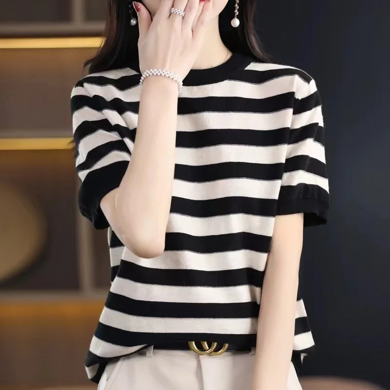 

Korean Fashion Stripe Tops Short Sleeve Knitted T-shirt Round Neck Summer Casual Women Shirt