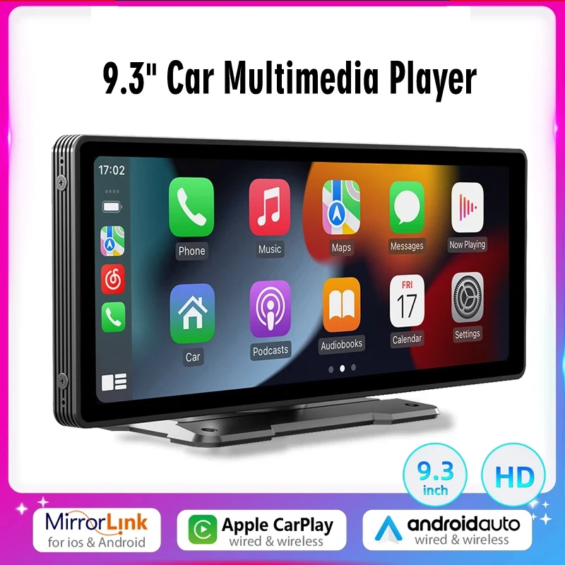 

9,3 "Портативный Автомобильный плеер беспроводной Apple Carplay Android Авто HD экран автомобильное радио для vw kia toyota USB DVR вход BT MP5 плеер