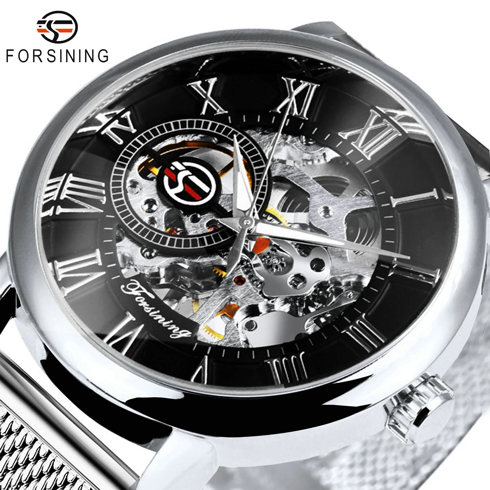 

FORSINING Skeleton Dial Mens Watches Top Brand Luxury Mechanical Watch for Men Ultra Thin Mesh Strap Roman Numerals Male Clock