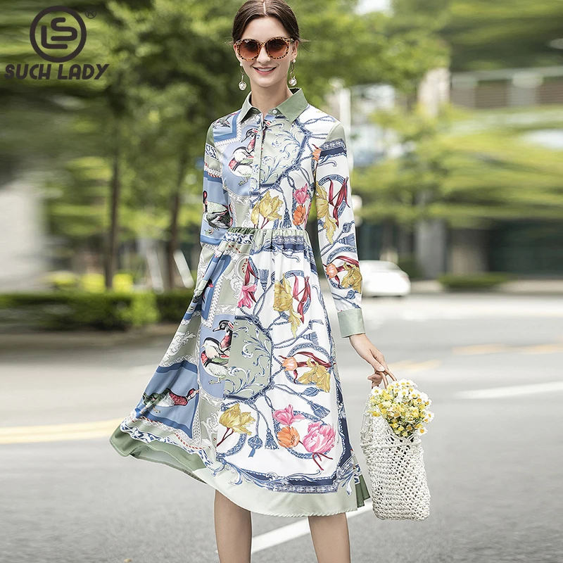 Women's Runway Dresses Turn Down Collar 3/4 Sleeves Printed Fashion Casual Designer Dress Vestidos