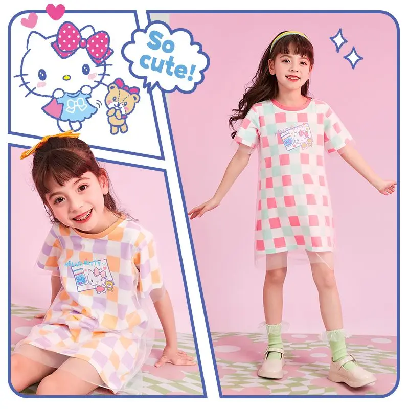 

Kawaii Sanrio аниме Hellokittyed летнее Новое вязаное платье для девочек милое мультяшное платье принцессы милое повседневное Сетчатое платье клетчатая юбка