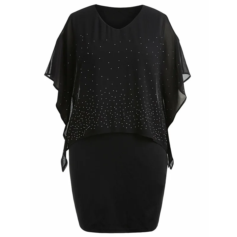 Hot Drill Hollow Out Black Fashion Summer Clothes for Women V-Neck Patchwork Flying Sleeve Pullover Plus Size Irregular Dresses