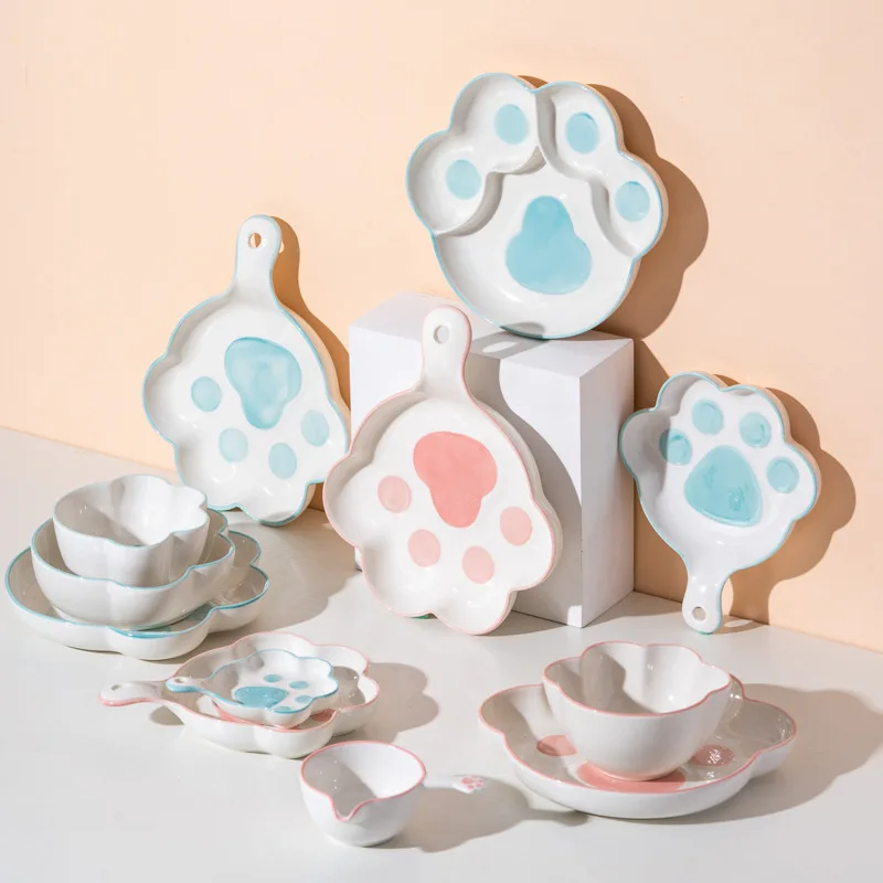 

Cute Cartoon Cat Paw Ceramic Tableware Household Soup Noodle Bowls Fruit Steak Food Plate Dishes Creative Porcelain Dinnerware