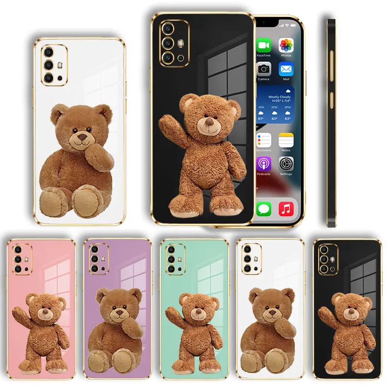 

Cartoon Teddy Bear Plating Phone Case For Motorola G30 G40 G60 G50 G8 G9 Plus Power E6s E7 E7i G Stylus Edge 20 Color Cover