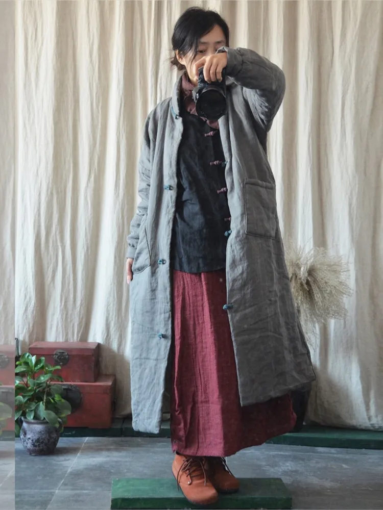 

YoYiKamomo Women Winter Parkas 2018 Cotton Linen Thick Button Warm Long Winter Jacket Coat Maxi Women Loose Parkas