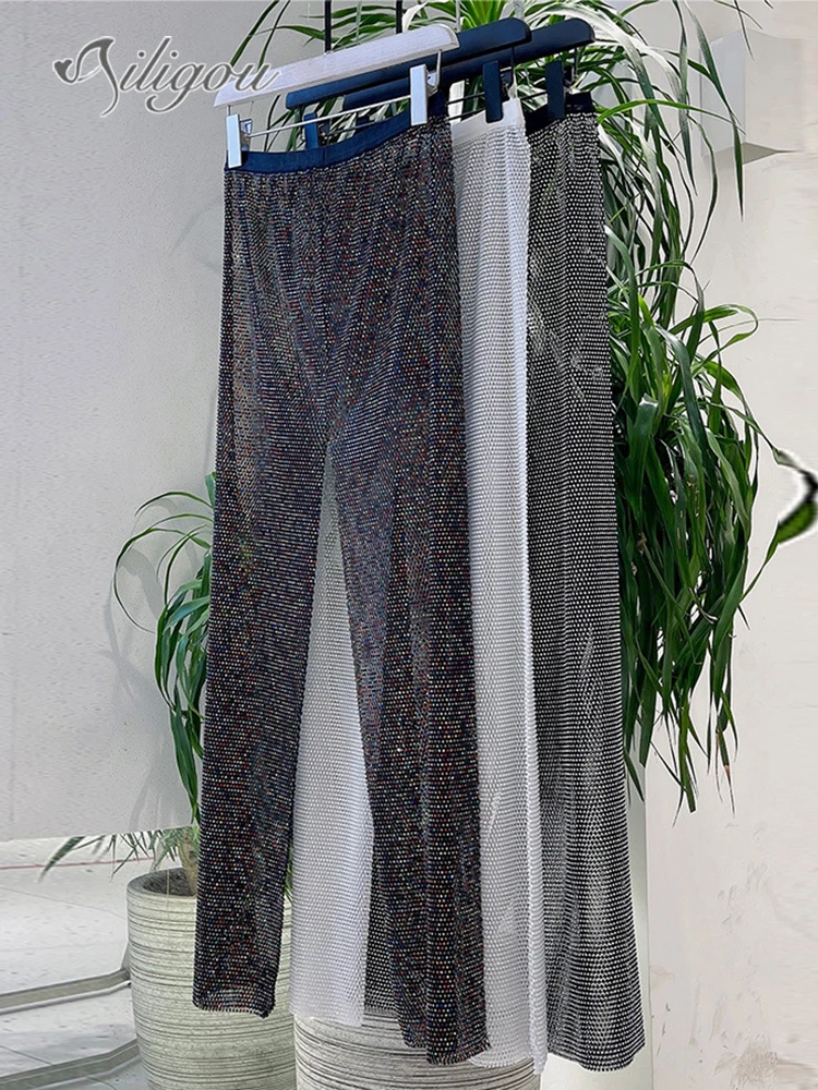 Ailigou 2023 New Summer Women's Crystal Diamond Shining Pants Sexy Hollow Elastic Fishing Net Pants Fashion Perspective Pants