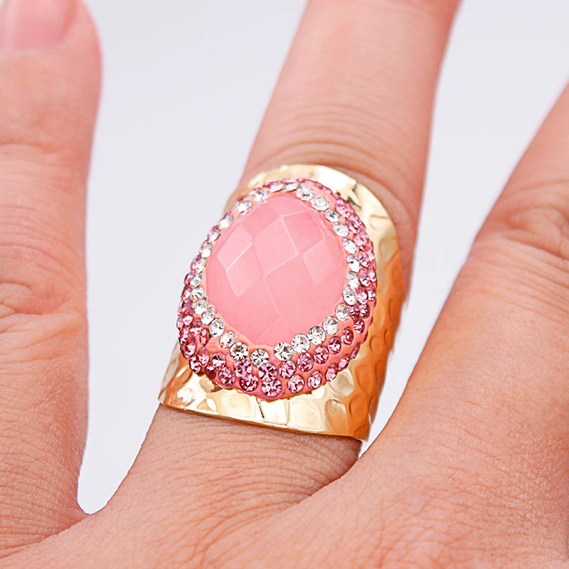 Faceted Rose Quartz Open Ring for Women Girls Gold-color Handmade Micro Inlay Pink Rhinestone Party Wedding Gifts Jewelry images - 6