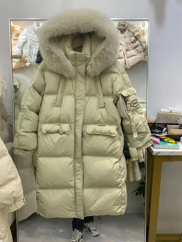 

2023 зимняя женская длинная пуховая куртка 90% белый пуховик большой натуральный Лисий мех с капюшоном женские парки с перьями