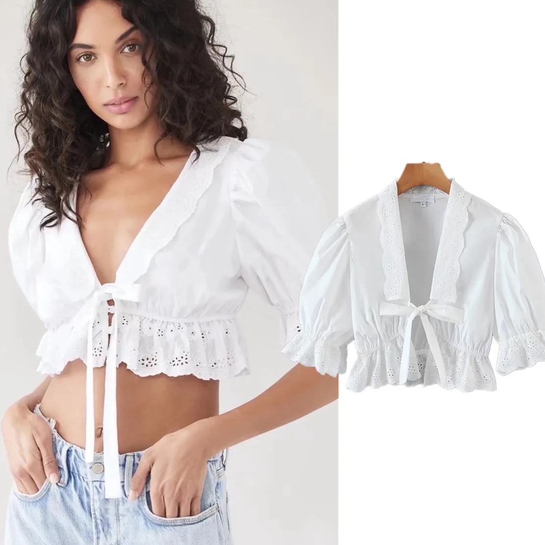 

Withered 2022 Indie Folk Vintage Sexy Fashion Lace Embroidery Pure Cotton White Short Shirt Casual Blouse Women Tops