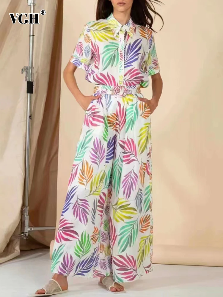 

Женские комплекты с принтом VGH, однобортный Топ с отложным воротником и коротким рукавом, свободные длинные брюки с поясом в стиле пэчворк, п...