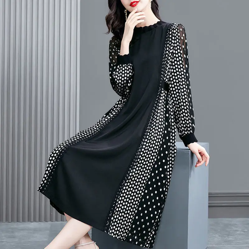 Acetate satroate wave point print dress 2023 early autumn new loose slime luxury mother over the knee long sleeve dress tops