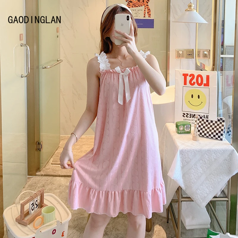 

GAODINGLAN New Summer Women Sleeveless Nightgown Solid Color Bow Sling Nightdress Large Size Sweet Home Sleepwear Lace Nightwear