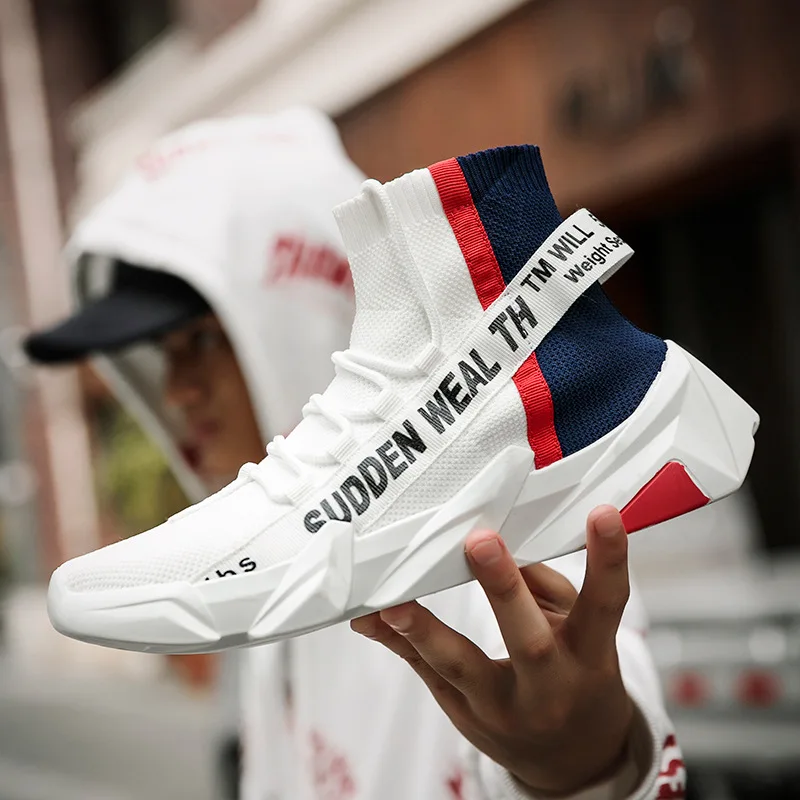 New men's high-top sports shoes outdoor running flying woven white casual shoes jogging comfortable breathable fashion light