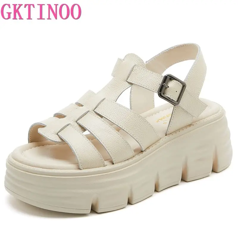 

GKTINOO 6cm New Women Sandals Buckle Slides Cow Genuine Leather Summer Fashion Platform Wedge Luxury Females Comfy Ladies Shoes