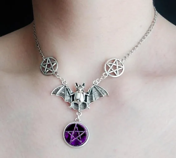 

Pentagram Gothic Bat Necklace - Gothic Choker - Goth Jewelry Purple Pentagram