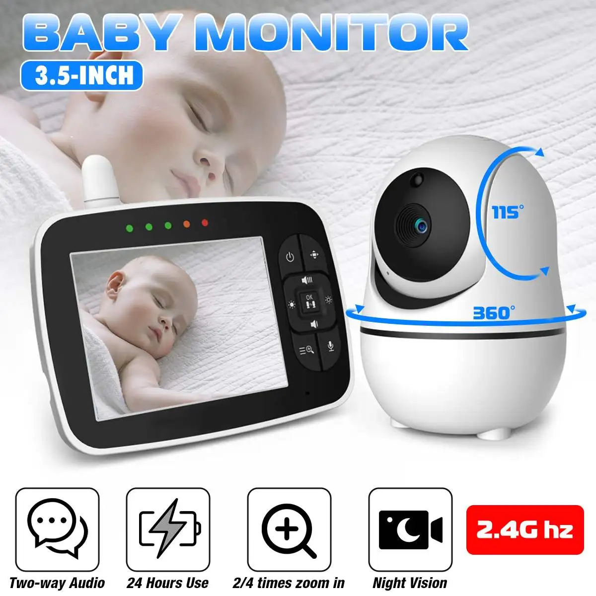 3.5 inch Baby Monitor Video Color Wireless High Resolution Baby Nanny Security Camera Night Vision Temperature Monitoring 2.4G