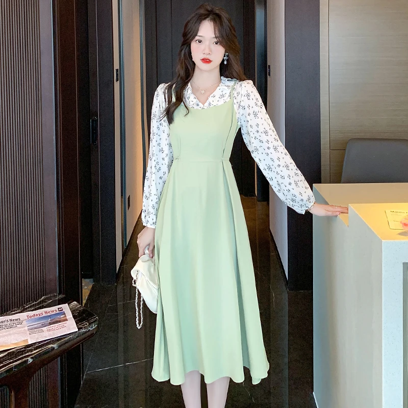 

Autumn New Fashion V-neck Printing Long Sleeves Splicing Women's Dress Houthion Casual Mid-Calf