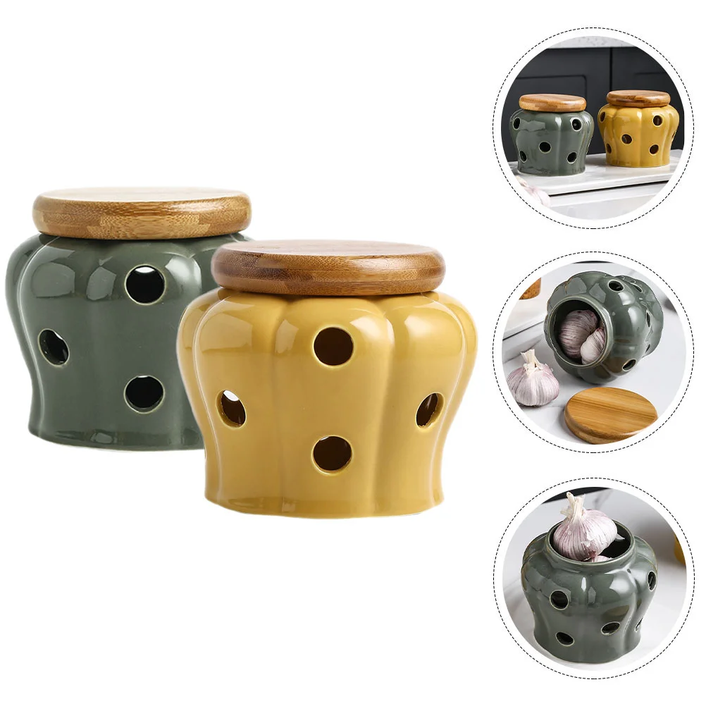 

2Pcs Garlic Keeper Ceramic Garlic Holder Pot Garlic Keeper Ceramic Storage Container Saver Ceramics Garlic Jar