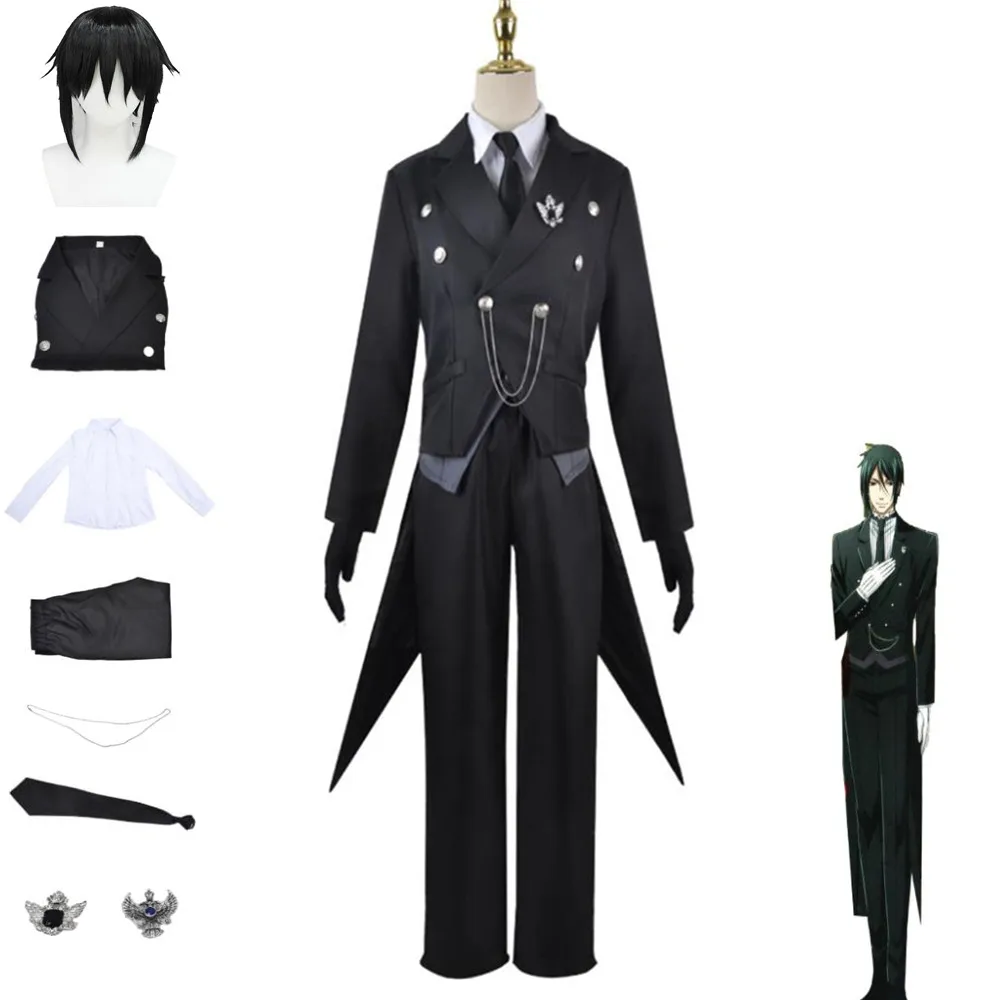 

Anime Black Butler Sebastian·Michaelis Cosplay Costume Full Dress Swallowtail Wig Aldult Man Woman Halloween Christmas Suit