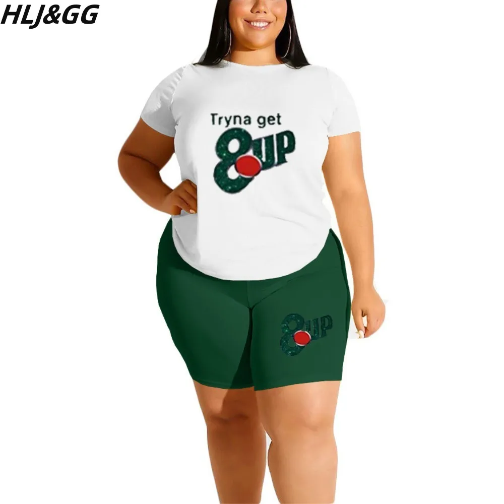 HLJ&GG Plus Size Women Clothing 2XL-6XL Casual Printing Round Neck Tshirt And Biker Shorts Two Piece Sets Summer Sporty Outfits