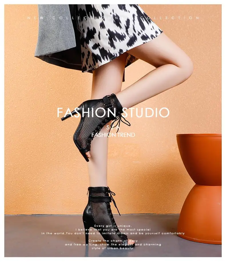 Dance Booties Summer Breathable Women's Short Mesh Boots Fish Mouth Small Size Thin High Heel Dance Salsa Latin Shoes Outdoor