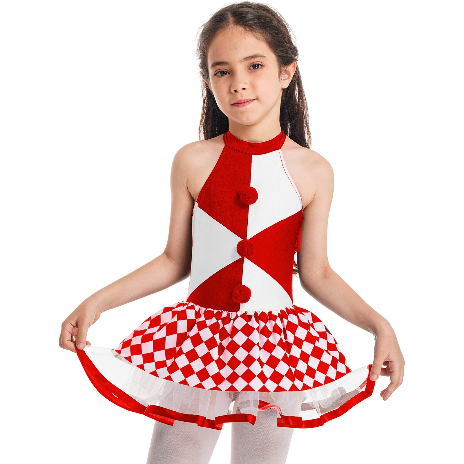 

Kids Girls Clown Cosplay Costume Sleeveless Color Block Printed Pompoms Tutu Dress Halloween Party Performance Dress Outfit