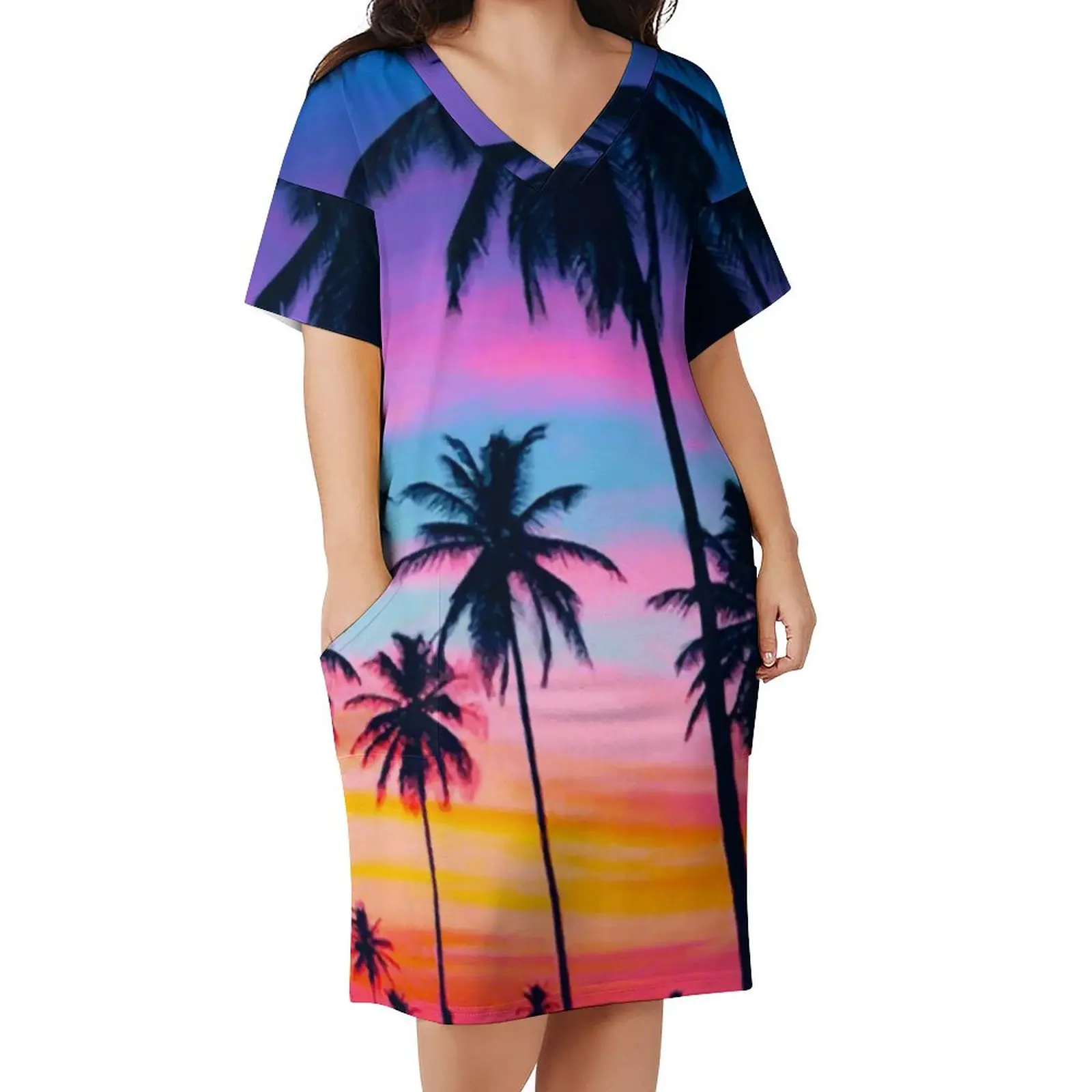 Miami Sunset Dress Plus Size Palm Trees Print Aesthetic Casual Dress Female Spring V Neck Sexy Dresses Gift Idea
